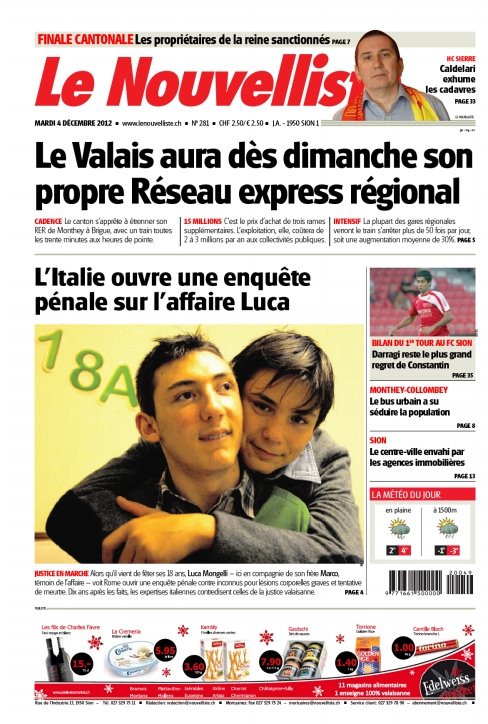 Couverture du Journal valaisan Le Nouvelliste du 4 dcembre 2012